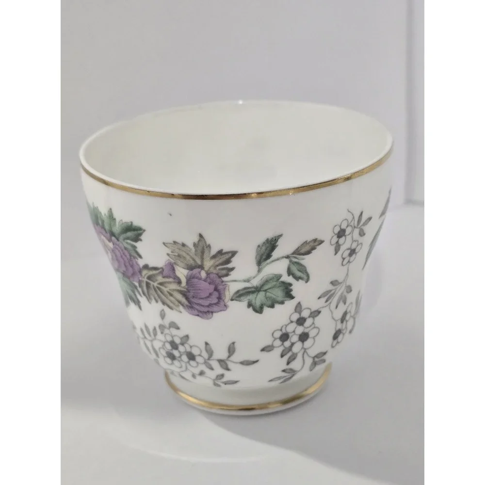 Wedgwood Avon Bone China Floral Gold Trim Cup & Saucer England Purple Floral